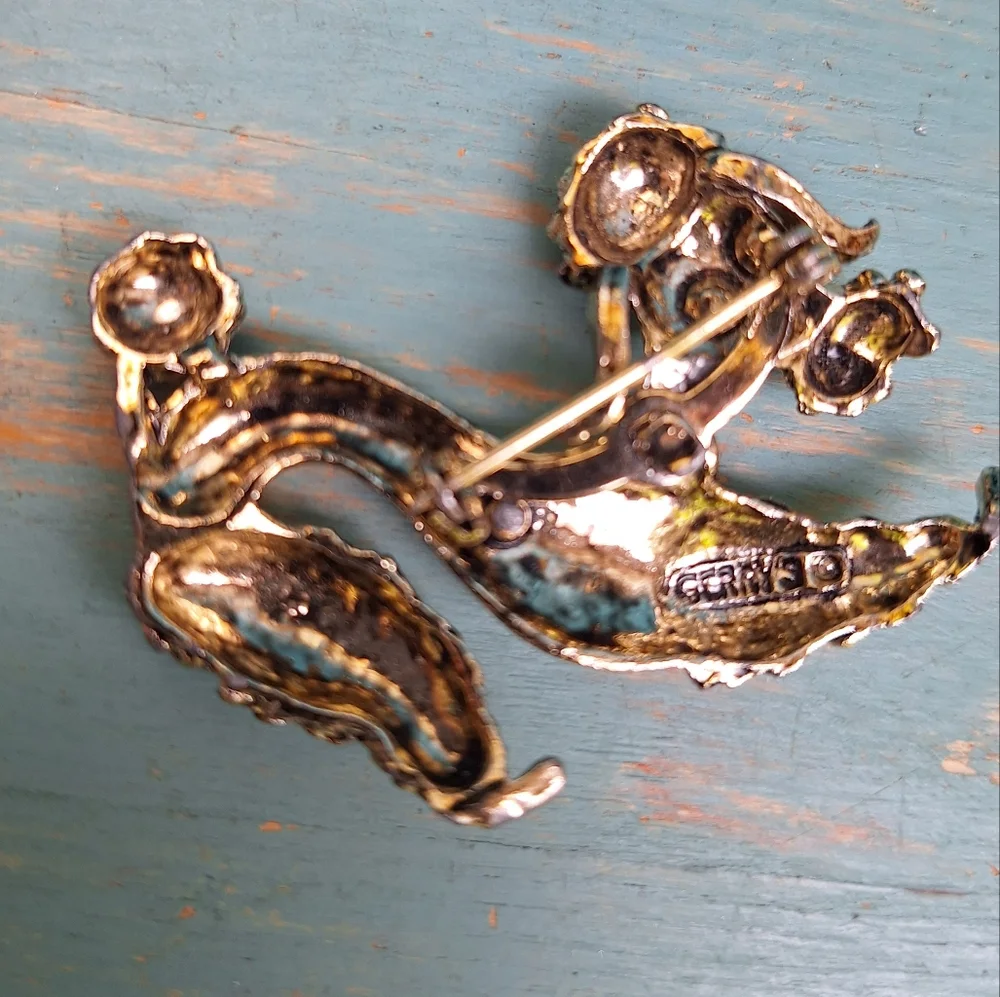 Vintage Dog Poodle Pin Green Gemstone Eyes Gold Metal Brooch Pooch Pins